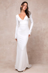 Extravagant Love White Backless Long Sleeve Ruched Maxi Dress