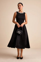 Marietta Black Satin Rhinestone Sleeveless Midi Dress