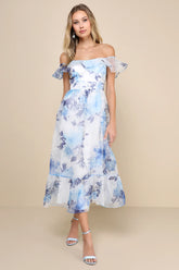 Sweet Composure Plum Floral Organza Off-the-Shoulder Midi Dress