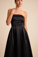 Indaya Black Satin Seamed Pleated Strapless Midi Dress