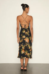 Petal Prowess Black Floral Print Lace-Up Cowl Midi Dress