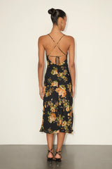 Petal Prowess Black Floral Print Lace-Up Cowl Midi Dress