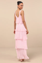 Elegant Nature Black Pleated Sleeveless Tiered Maxi Dress