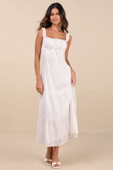 Nerissa White Eyelet Embroidered Ruffled Drop Waist Midi Dress