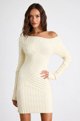 Penelope Cream Ribbed Off-the-Shoulder Sweater Mini Dress