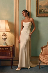 Claudette White Satin Strapless Bustier Maxi Dress