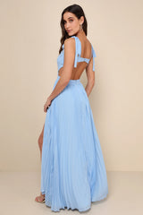 Celebratory Allure Powder Blue Pleated Backless Maxi Dress