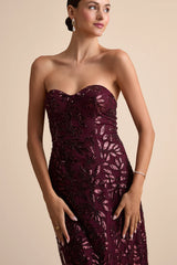 Beyza Burgundy Sequin Beaded Strapless Midi Dress