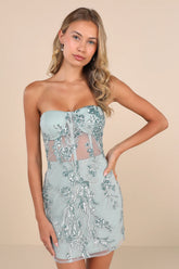 Unreal Date Navy Blue Sequin Embroidered Strapless Mini Dress