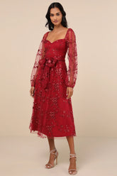 Darling Charisma Wine Red Mesh Embroidered Midi Dress