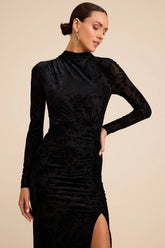Neilina Black Velvet Jacquard Mock Neck Maxi Dress