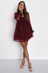 Dreamy Sweetness Burgundy Swiss Dot Ruffled Mini Babydoll Dress