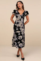 Real Lovely Black Floral Burnout Velvet Midi Dress