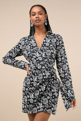 Made to Charm Black & White Floral Collared Buckle Mini Dress
