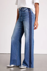 Far Out Medium Wash Striped Raw Hem Wide-Leg Jeans