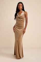 Elarina Champagne Velvet Cowl Halter Mermaid Maxi Dress