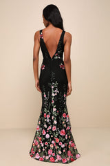 Soiree Blossom Black Floral Embroidered Mermaid Maxi Dress
