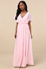 Convincing Grace Light Blush Flutter Sleeve Wrap Maxi Dress