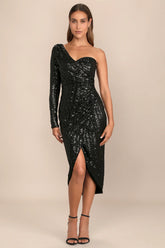 Elegant Occasion Black Sequin One-Shoulder Midi Dress