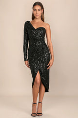 Elegant Occasion Black Sequin One-Shoulder Midi Dress