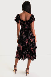 Oh-So Lovely Black Floral Burnout Velvet Tiered Midi Dress
