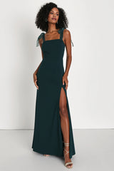 Beloved Elegance Emerald Green Tie-Strap Mermaid Maxi Dress