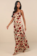 Romance in the Making Beige Floral Print Velvet Maxi Dress