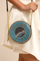 Caviar Tin Blue Rhinestone Crossbody Bag