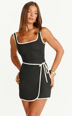 Aurora Mini Dress - Square Neck Wrap Skirt Tie Side Dress in Black
