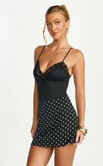 Amelie Bodysuit - Lace Trim V Neck Bodysuit with Shelf Bra in Black
