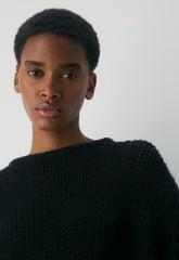 Mesh Cashmere Oversized Crew Sweater - BLACK
