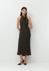 Audience Satin Maxi Halter Dress - CACAO NIB BROWN