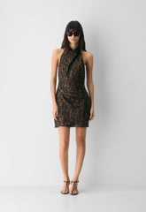 Audience Satin Mini Halter Dress - CELLO BROWN /BLACK