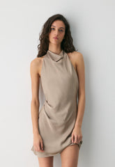 Audience Satin Mini Halter Dress - NOMAD TAUPE