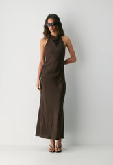 Audience Satin Full Halter Dress - RICH MOCHA BROWN