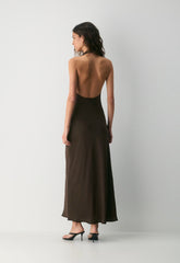 Audience Satin Full Halter Dress - RICH MOCHA BROWN