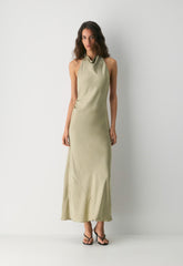 Audience Satin Full Halter Dress - MARTINI OLIVE