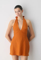 Nightscape Linen Halter Micro Dress - MESA ORANGE