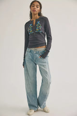 Fleur Embroidered Cuff Henley