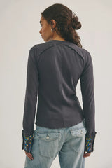 Fleur Embroidered Cuff Henley