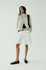 Devon Striped Balloon Funnel-Neck Jacket