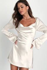 Sensational Fate Champagne Satin Cowl Neck Mini Dress