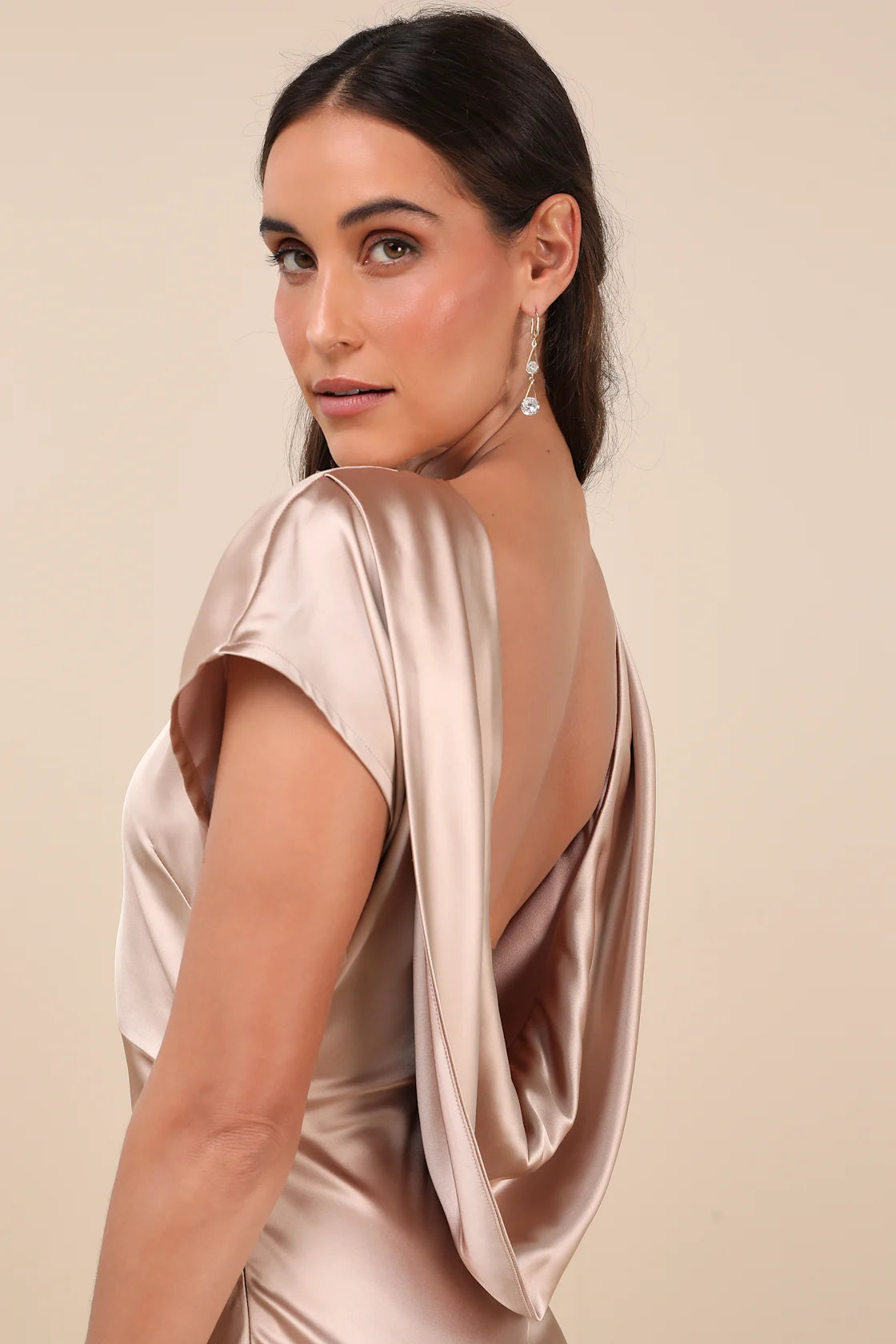 Captivating Presence Blush Pink Satin Cowl Back Maxi Dress