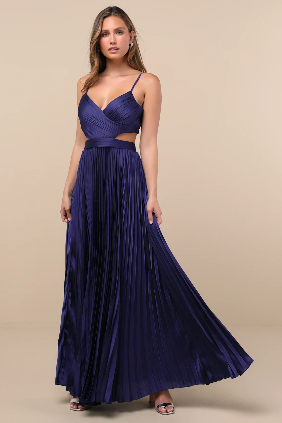 Got the Glam Blue Pleated Cutout Maxi Dress