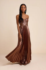 Shoshone Brown Pleated Lurex Strapless Bustier Maxi Dress