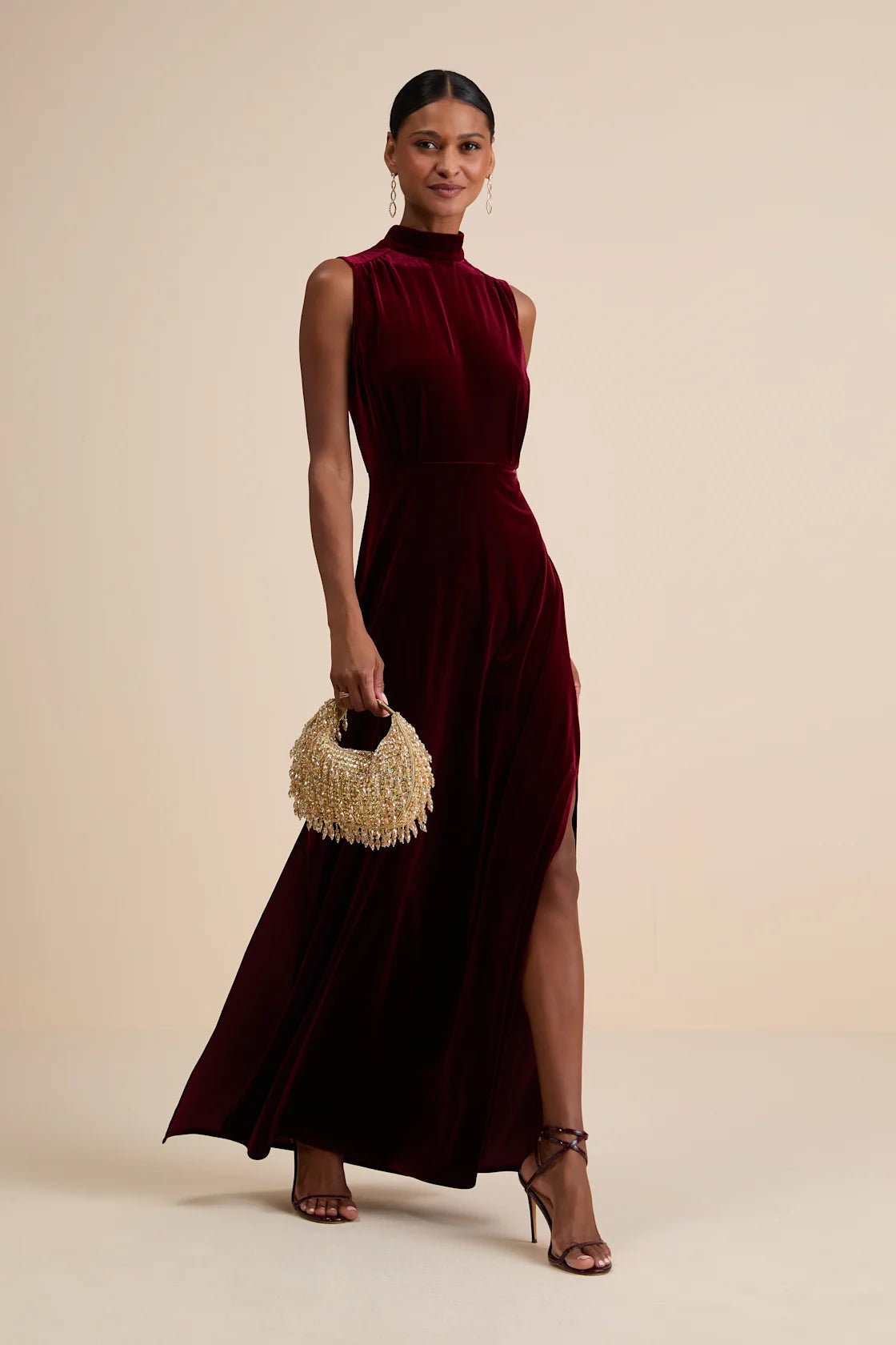 Classic Elegance Brown Velvet Sleeveless Mock Neck Maxi Dress