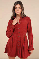 Autumn Mood Dark Brown Corduroy Mini Dress With Pockets