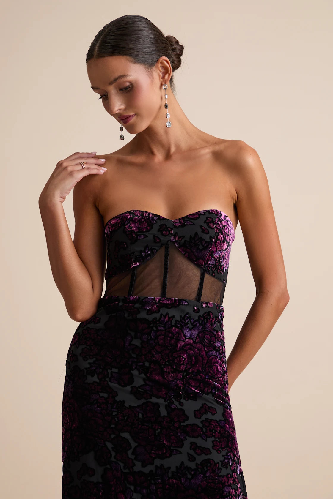 Breathtaking View Black Mesh Burnout Velvet Strapless Maxi Dress