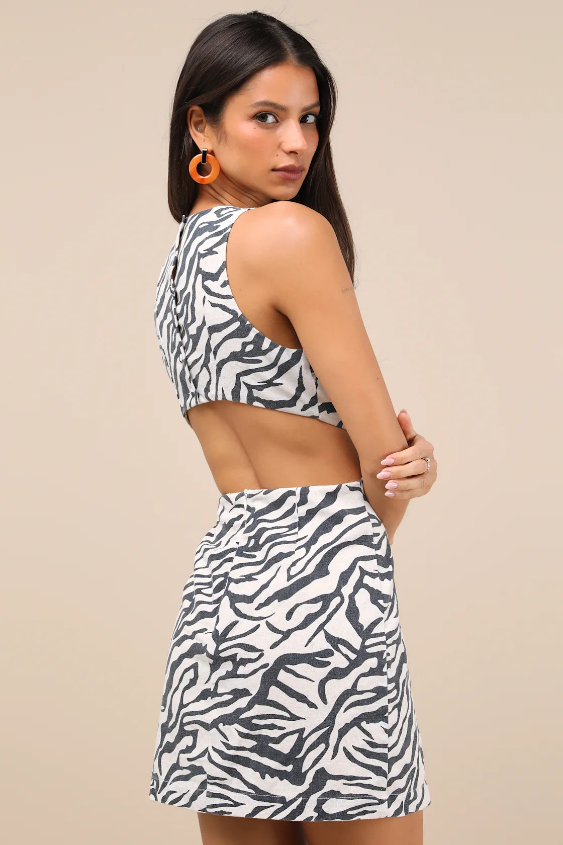 Alouette Beige and Black Zebra Print Linen Cutout Mini Dress