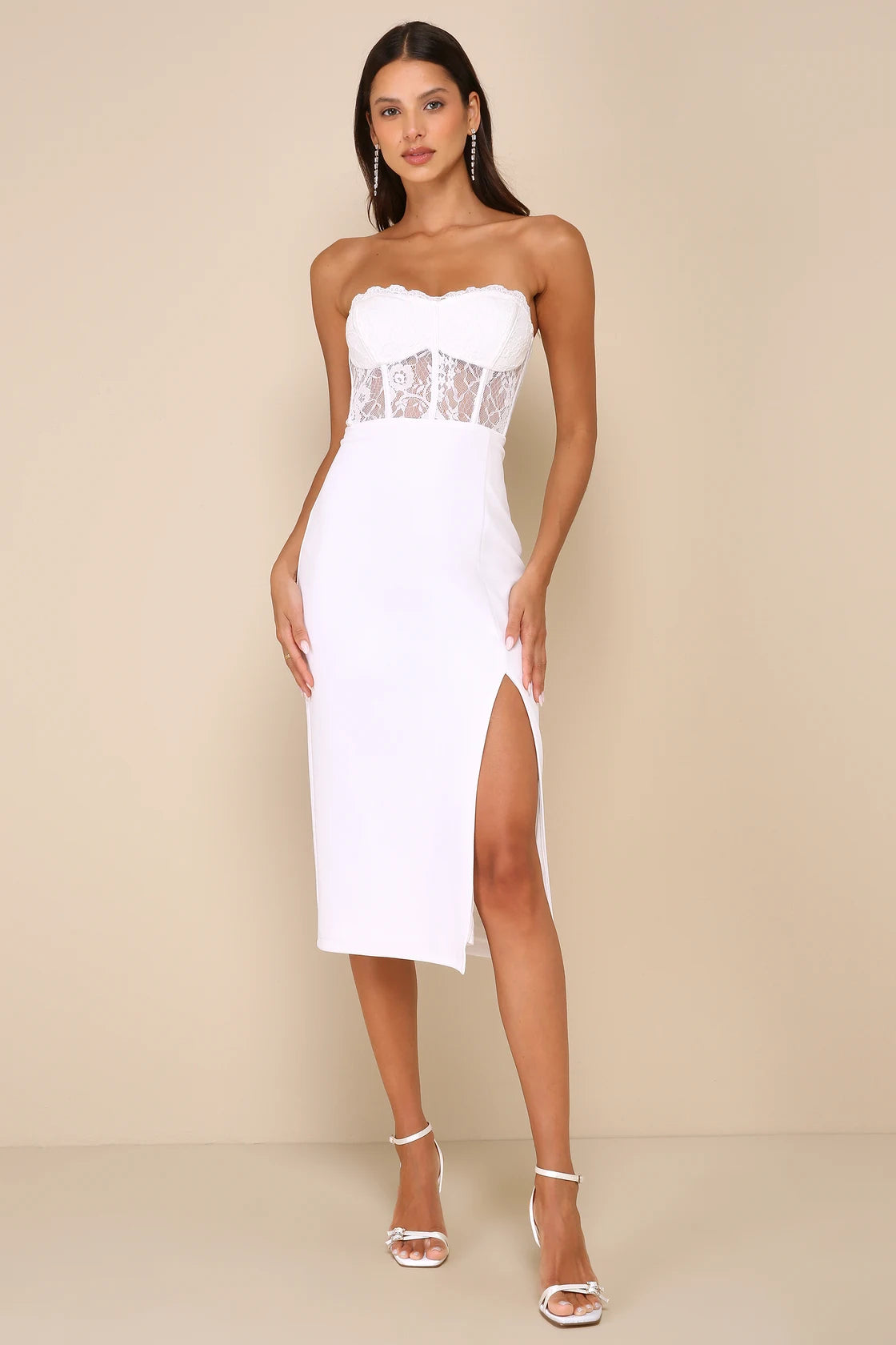 Exquisitely Sultry White Lace Strapless Bustier Midi Dress